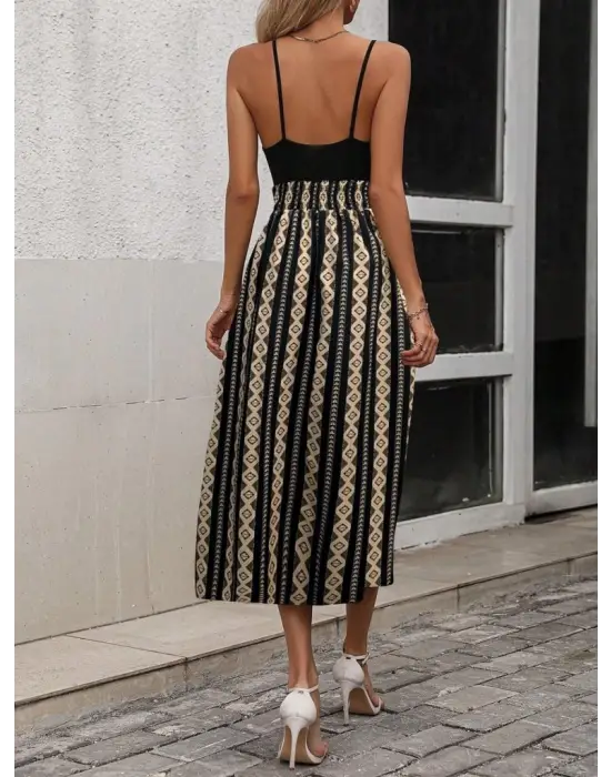 Omarı V yakalı Desenli Süprem Elbise