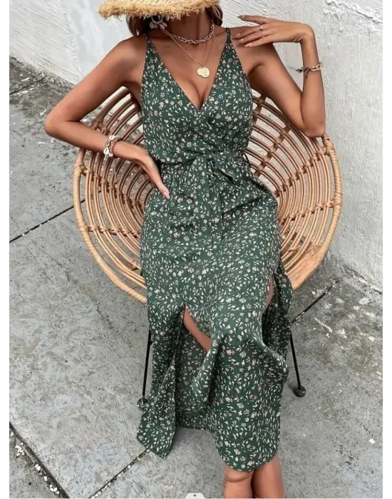 Kadın Ip Askılı Kruvaze Yakalı Yırtmaçlı Uzun Desenli Kuşaklı Süprem Elbise