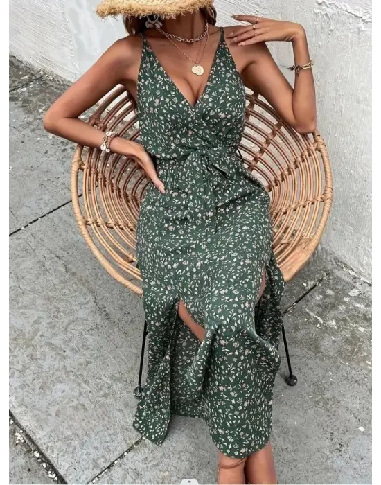 Kadın Ip Askılı Kruvaze Yakalı Yırtmaçlı Uzun Desenli Kuşaklı Süprem Elbise