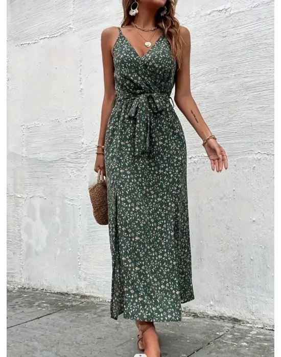 Kadın Ip Askılı Kruvaze Yakalı Yırtmaçlı Uzun Desenli Kuşaklı Süprem Elbise