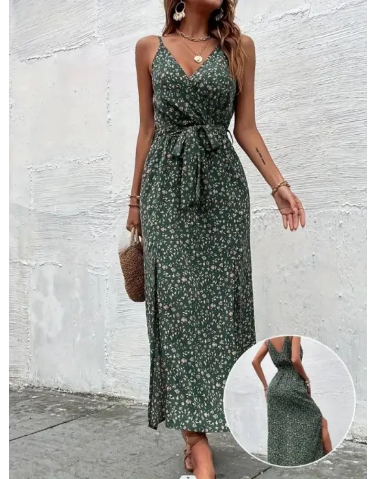 Kadın Ip Askılı Kruvaze Yakalı Yırtmaçlı Uzun Desenli Kuşaklı Süprem Elbise