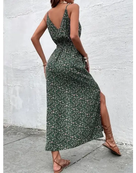 Kadın Ip Askılı Kruvaze Yakalı Yırtmaçlı Uzun Desenli Kuşaklı Süprem Elbise