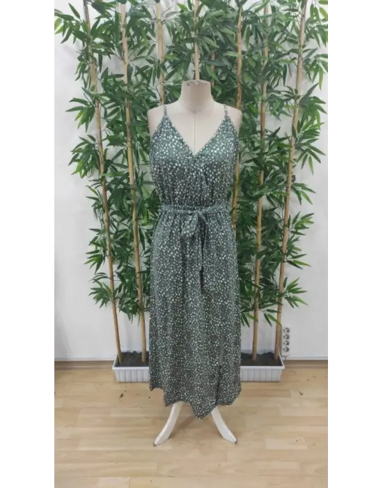 Kadın Ip Askılı Kruvaze Yakalı Yırtmaçlı Uzun Desenli Kuşaklı Süprem Elbise