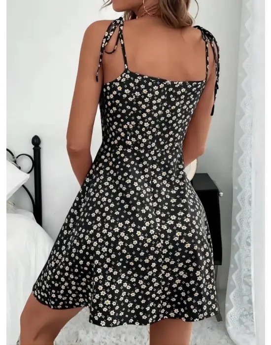 Kadın Ip Askılı Omuzlardan Bağcıklı çiçek Desenli Süprem Elbise