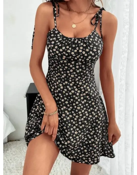 Kadın Ip Askılı Omuzlardan Bağcıklı çiçek Desenli Süprem Elbise