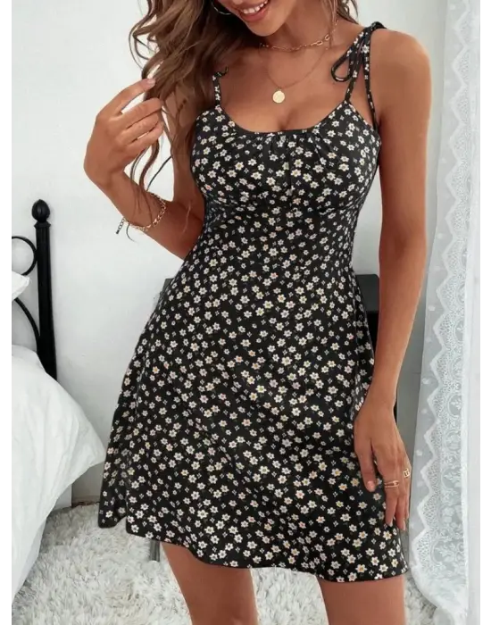 Kadın Ip Askılı Omuzlardan Bağcıklı çiçek Desenli Süprem Elbise