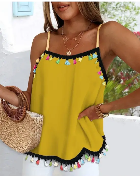 Kadın Ip Askılı Püskül Detaylı Sandy Bluz