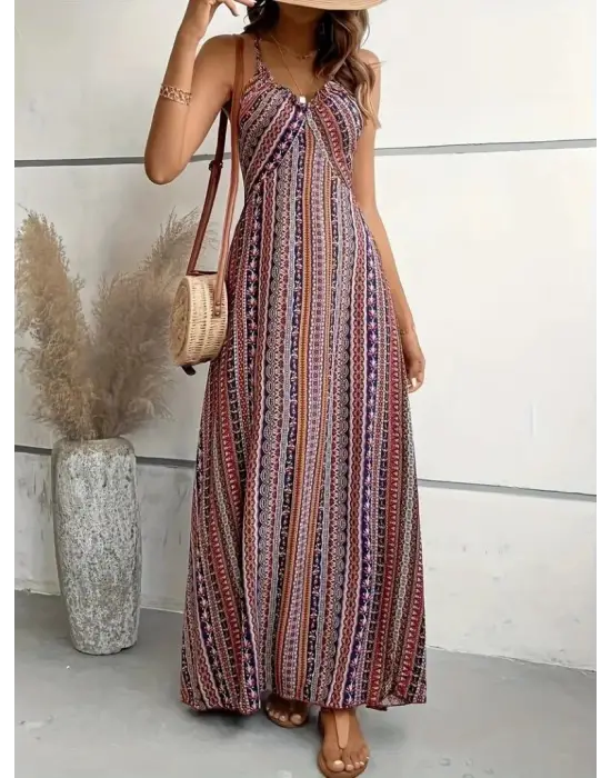 Kadın Ip Askılı Sırttan çapraz Detaylı Yırtmaçlı Desenli Süprem Elbise