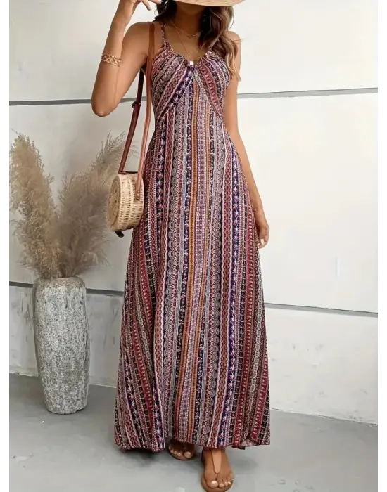 Omarı Sırttan Çapraz Detaylı Yırtmaçlı Desenli Elbise