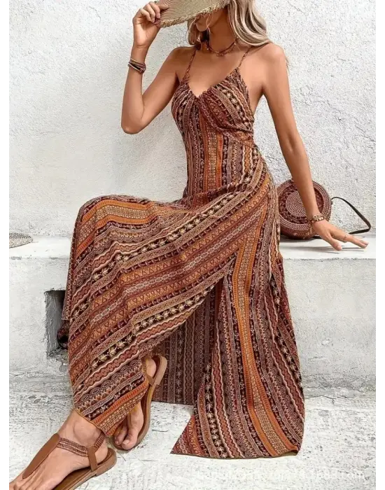 Omarı Sırttan Çapraz Detaylı Desenli Elbise