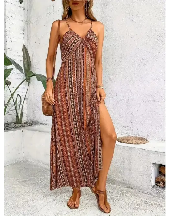 Kadın Ip Askılı Sırttan çapraz Detaylı Yırtmaçlı Desenli Süprem Elbise