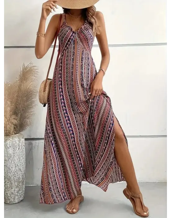 Kadın Ip Askılı Sırttan çapraz Detaylı Yırtmaçlı Desenli Süprem Elbise