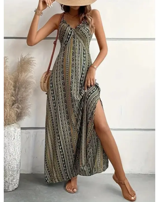 Omarı Yırtmaçlı Desenli Supreme Elbise