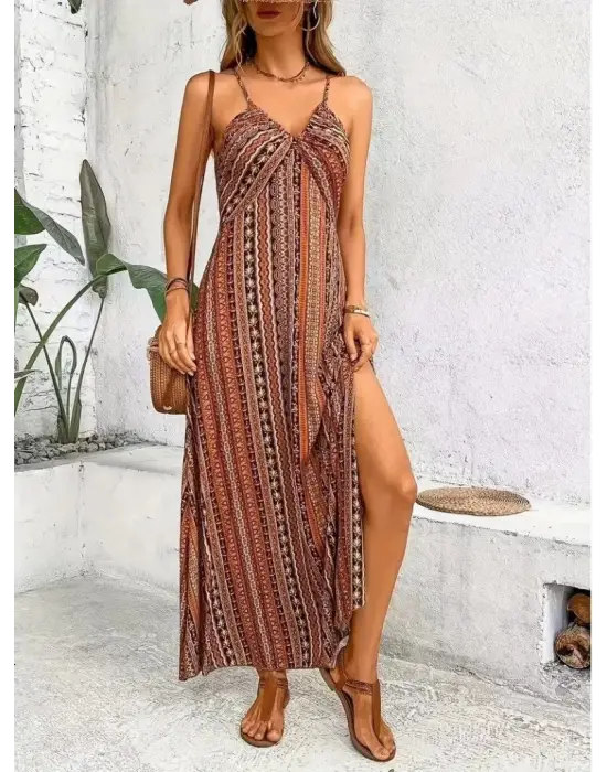 Omarı Sırttan Çapraz Detaylı Desenli Elbise