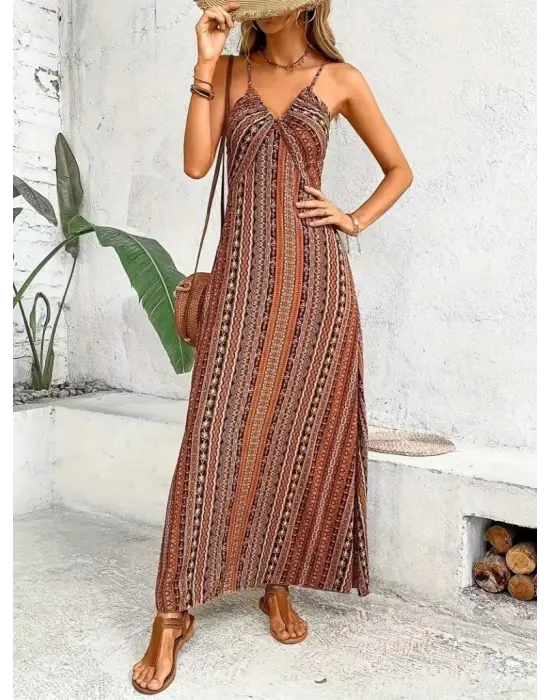 Omarı Sırttan Çapraz Detaylı Desenli Elbise