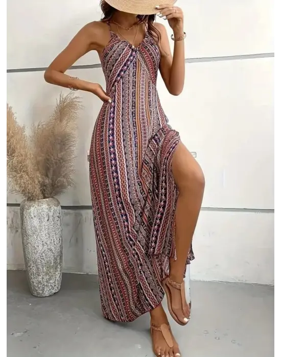 Omarı Sırttan Çapraz Detaylı Yırtmaçlı Desenli Elbise