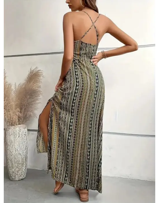 Omarı Yırtmaçlı Desenli Supreme Elbise