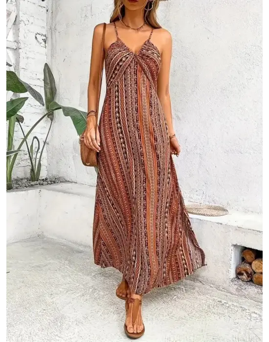 Omarı Sırttan Çapraz Detaylı Desenli Elbise