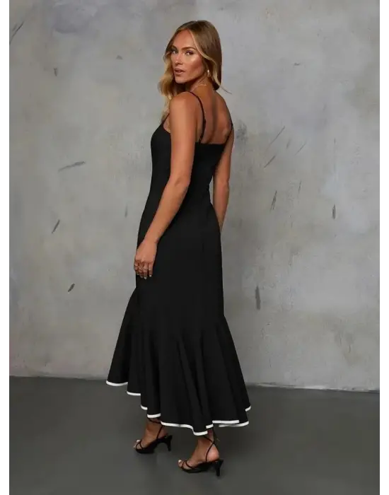 Kadın Ip Askılı Straplez Kesim Detay Maksi Boy Janjan Krep Elbise