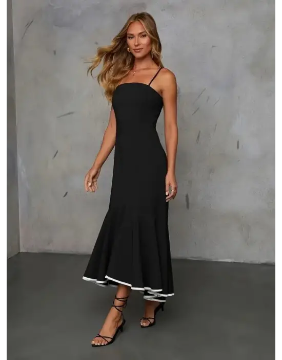 Kadın Ip Askılı Straplez Kesim Detay Maksi Boy Janjan Krep Elbise