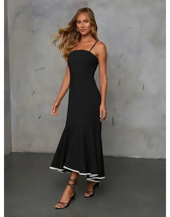 Kadın Ip Askılı Straplez Kesim Detay Maksi Boy Janjan Krep Elbise