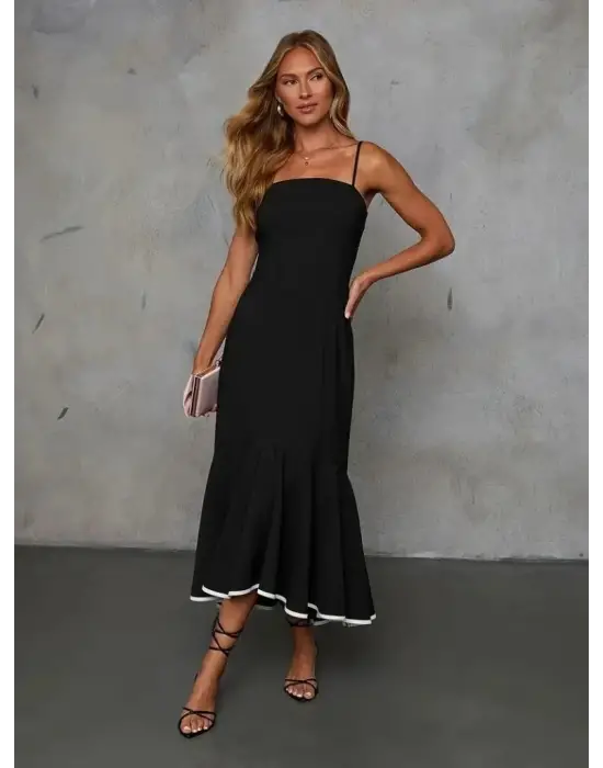 Kadın Ip Askılı Straplez Kesim Detay Maksi Boy Janjan Krep Elbise