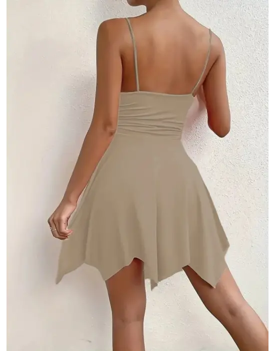 Kadın Ip Askılı V Yakalı Asimetrik Kesim Detaylı Janjan Krep Elbise