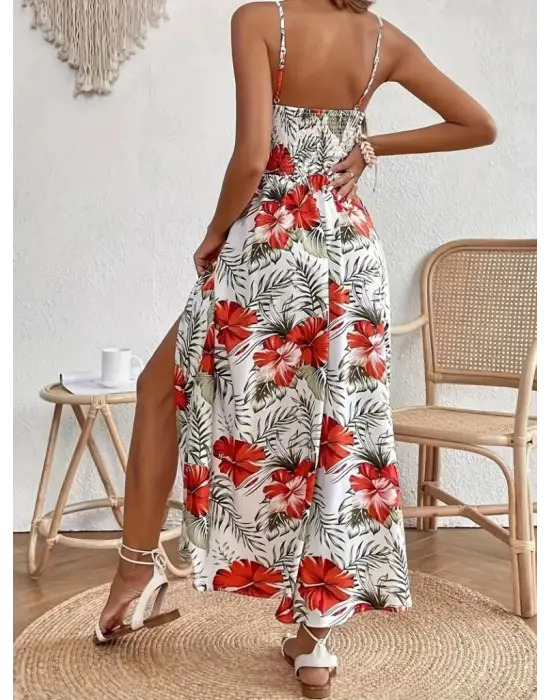 Kadın Ip Askılı V Yakalı Bel Güpür çiçek Desenli Yandan Yırtmaçlı Maksi Süprem Elbise