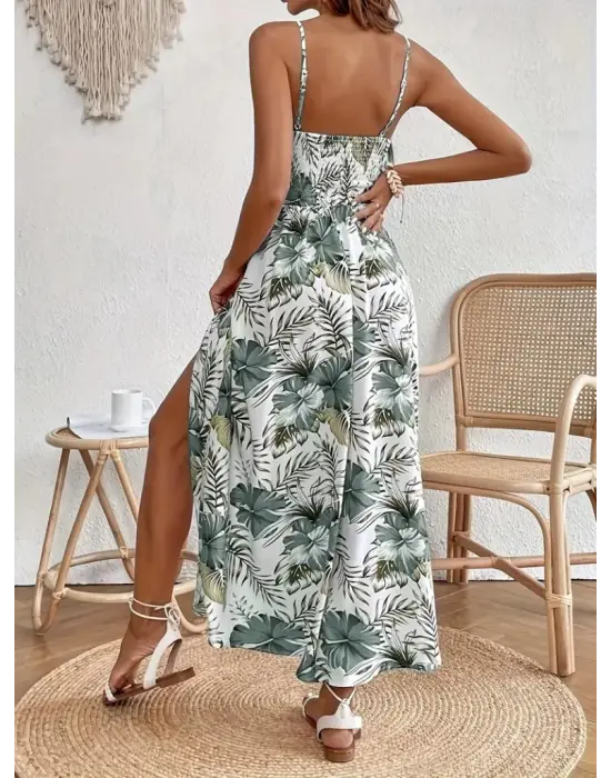 Omarı Çiçek Desenli Yandan Yırtmaçlı Maksi Elbise