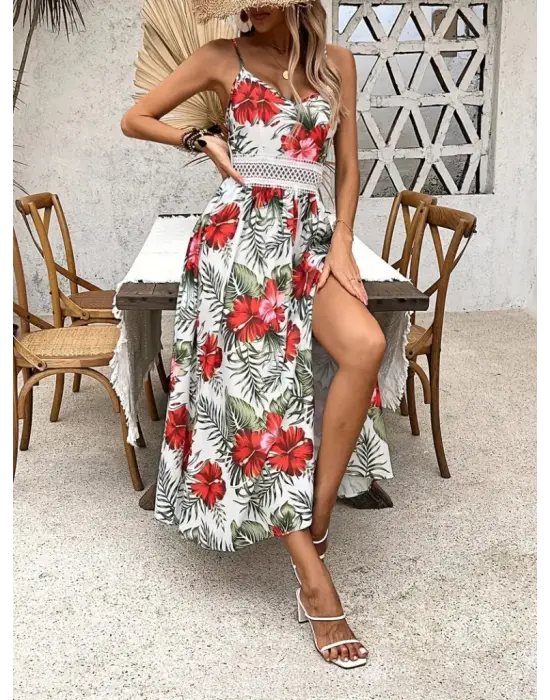 Kadın Ip Askılı V Yakalı Bel Güpür çiçek Desenli Yandan Yırtmaçlı Maksi Süprem Elbise