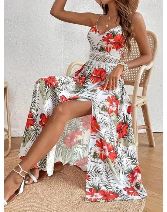 Kadın Ip Askılı V Yakalı Bel Güpür çiçek Desenli Yandan Yırtmaçlı Maksi Süprem Elbise