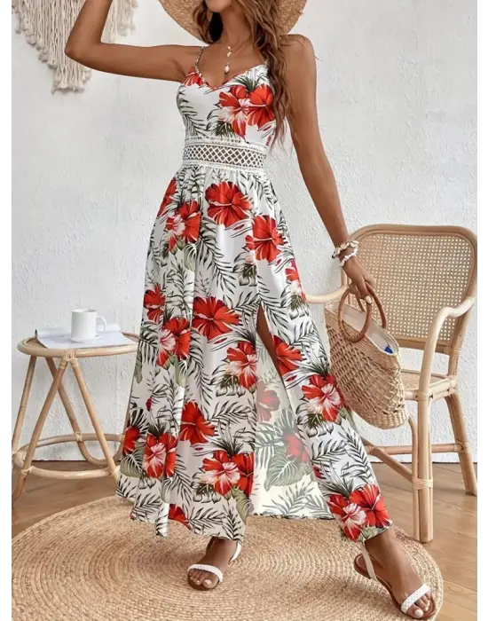 Kadın Ip Askılı V Yakalı Bel Güpür çiçek Desenli Yandan Yırtmaçlı Maksi Süprem Elbise