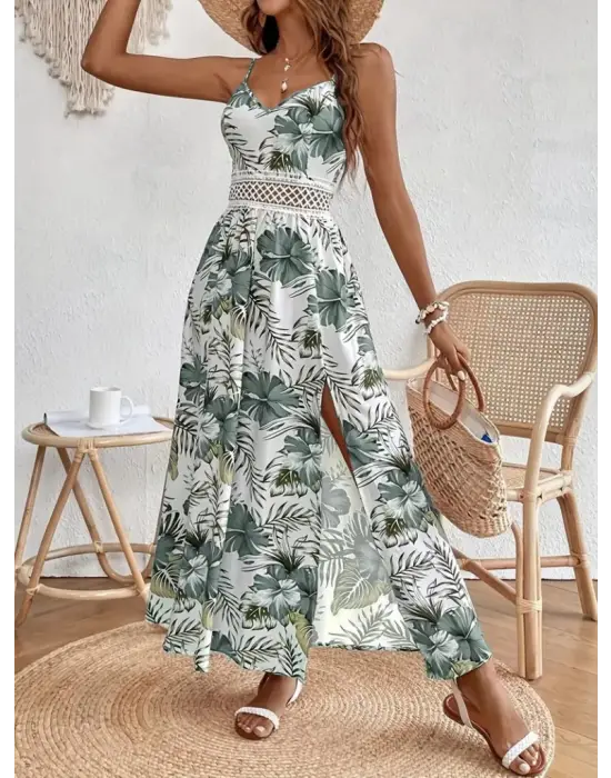 Omarı Çiçek Desenli Yandan Yırtmaçlı Maksi Elbise