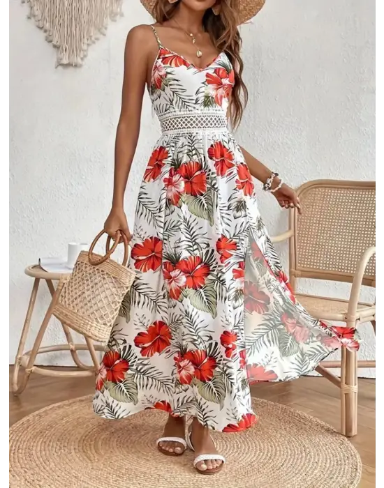 Kadın Ip Askılı V Yakalı Bel Güpür çiçek Desenli Yandan Yırtmaçlı Maksi Süprem Elbise