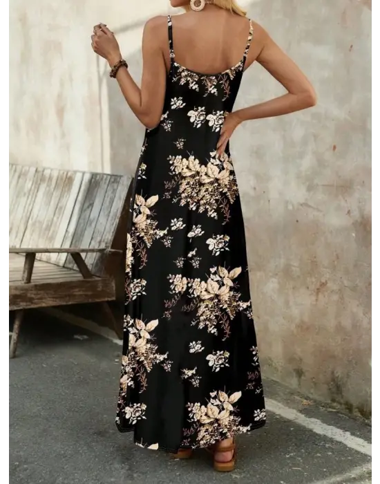 Omarı Çiçek Desenli V Yakalı Supreme Elbise