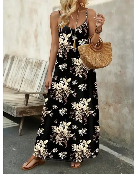 Omarı Çiçek Desenli V Yakalı Supreme Elbise