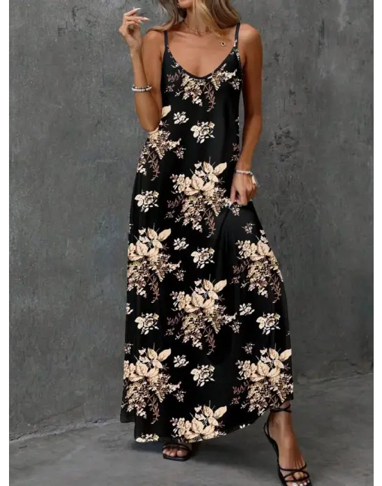 Omarı Çiçek Desenli V Yakalı Supreme Elbise