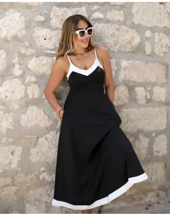 Kadın Ip Askılı V Yakalı çift Renkli Janjan Krep Elbise