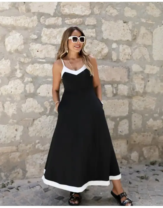 Kadın Ip Askılı V Yakalı çift Renkli Janjan Krep Elbise