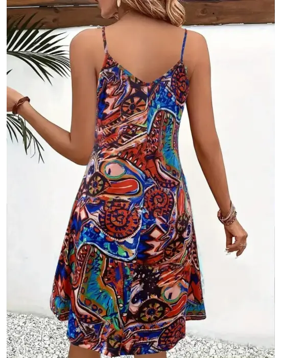 Kadın Ip Askılı V Yakalı Desenli Kısa Süprem Elbise