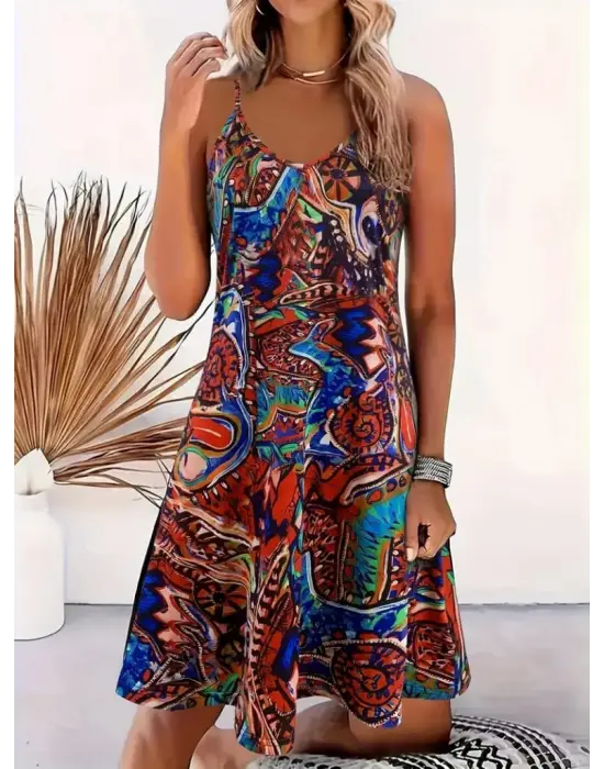 Kadın Ip Askılı V Yakalı Desenli Kısa Süprem Elbise