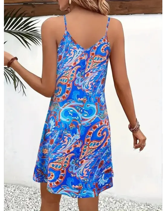 Omarı Desenli V Yakalı Kısa Süprem Elbise