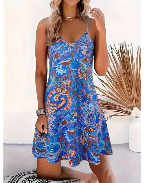 Omarı Desenli V Yakalı Kısa Süprem Elbise