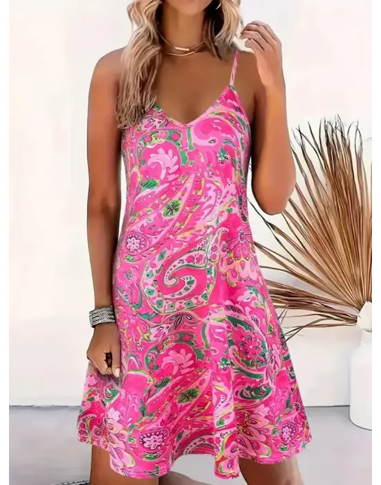 Omarı Desenli Kısa Süprem Mini Elbise