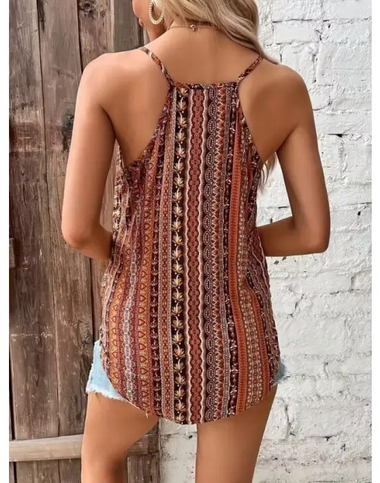 Kadın Ip Askılı V Yakalı Desenli Süprem Bluz