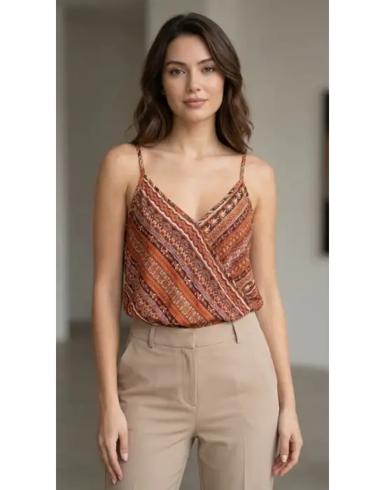 Kadın Ip Askılı V Yakalı Desenli Süprem Bluz