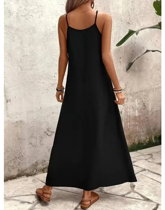 Kadın Ip Askılı V Yakalı Desenli Süprem Maxi Elbise