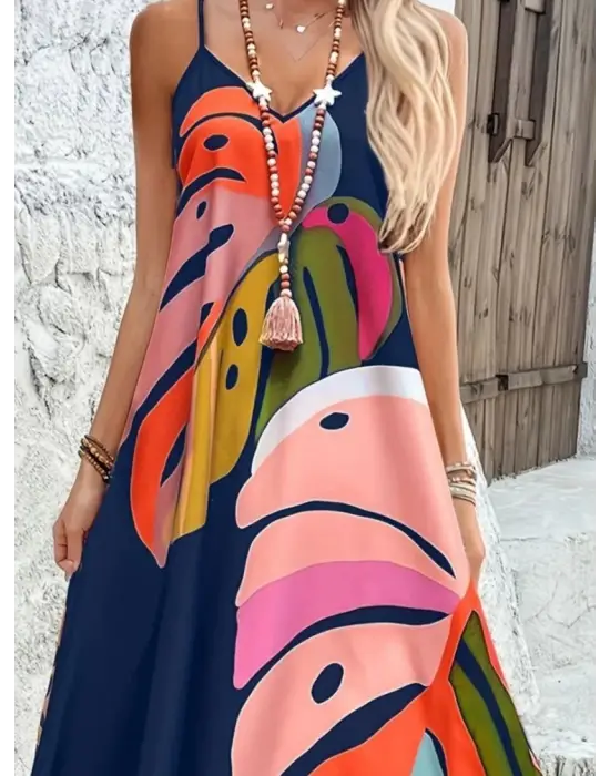 Omarı Feminen Desenli Maxi Elbise