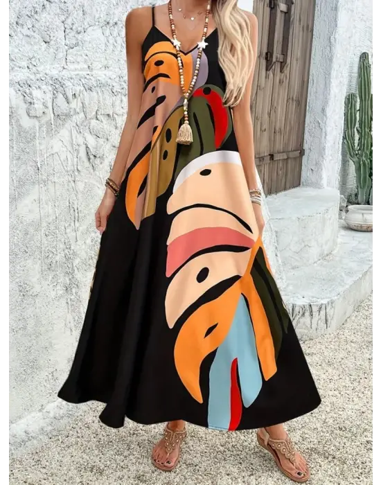 Kadın Ip Askılı V Yakalı Desenli Süprem Maxi Elbise