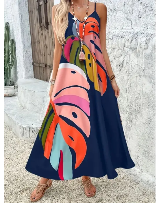 Omarı Feminen Desenli Maxi Elbise